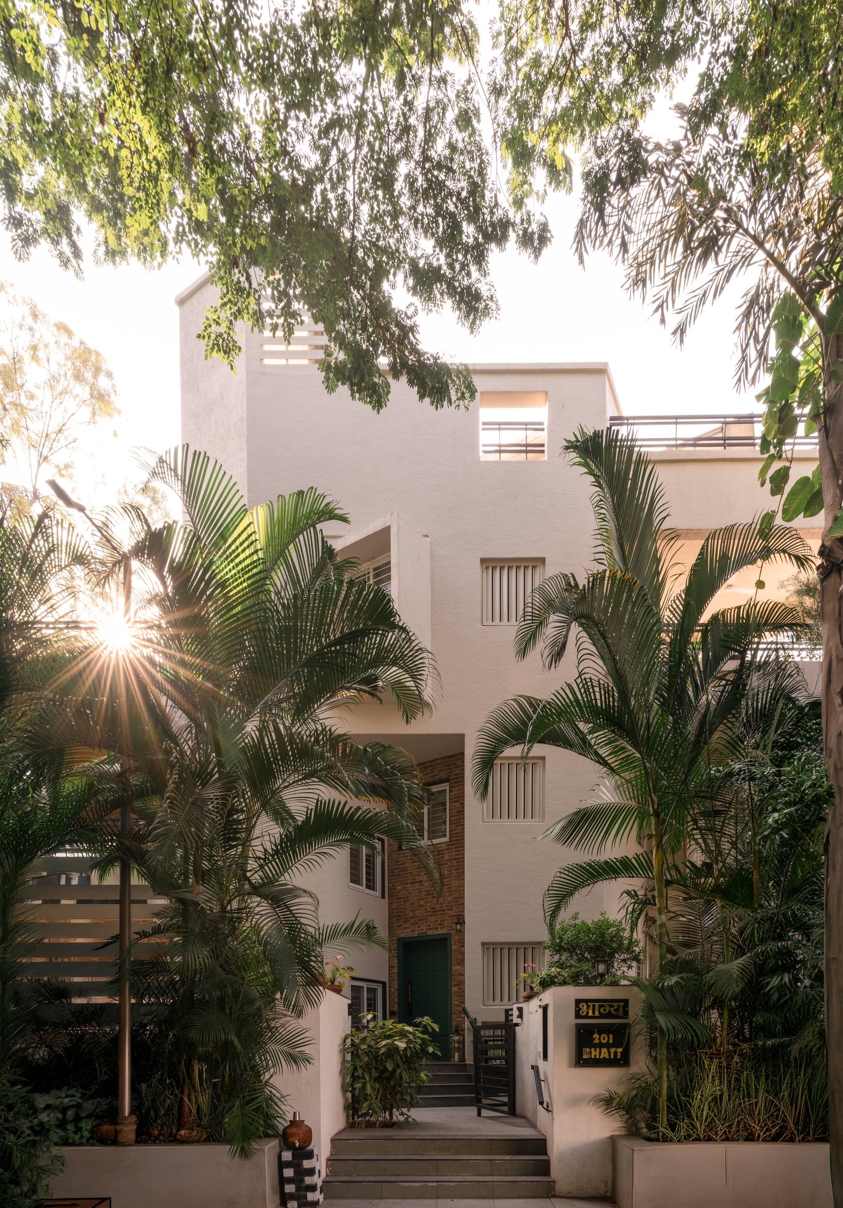 The bungalow from the street: modest and unassuming beneath its canopy of palms and mature trees