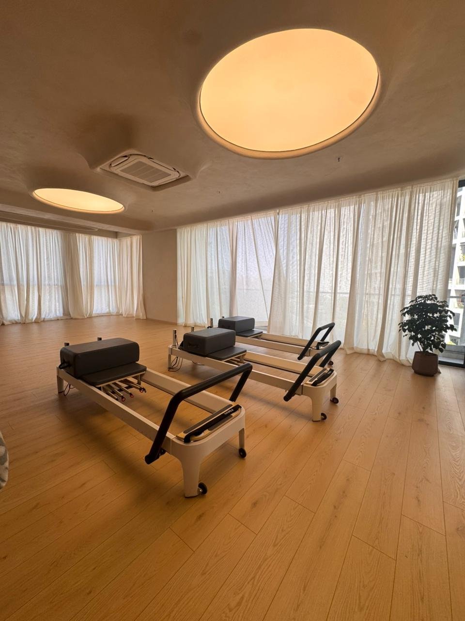 The main studio, where two large circular light wells hover above a linear arrangement of reformers and sheer curtains wrap the perimeter
