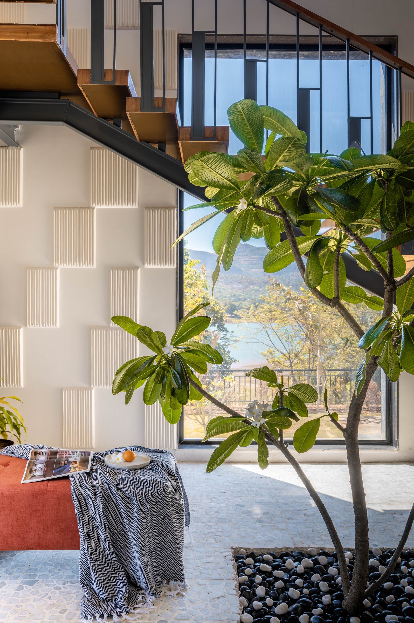 A plumeria tree rooted inside the villa, its canopy rising beside the staircase toward double-height glazing