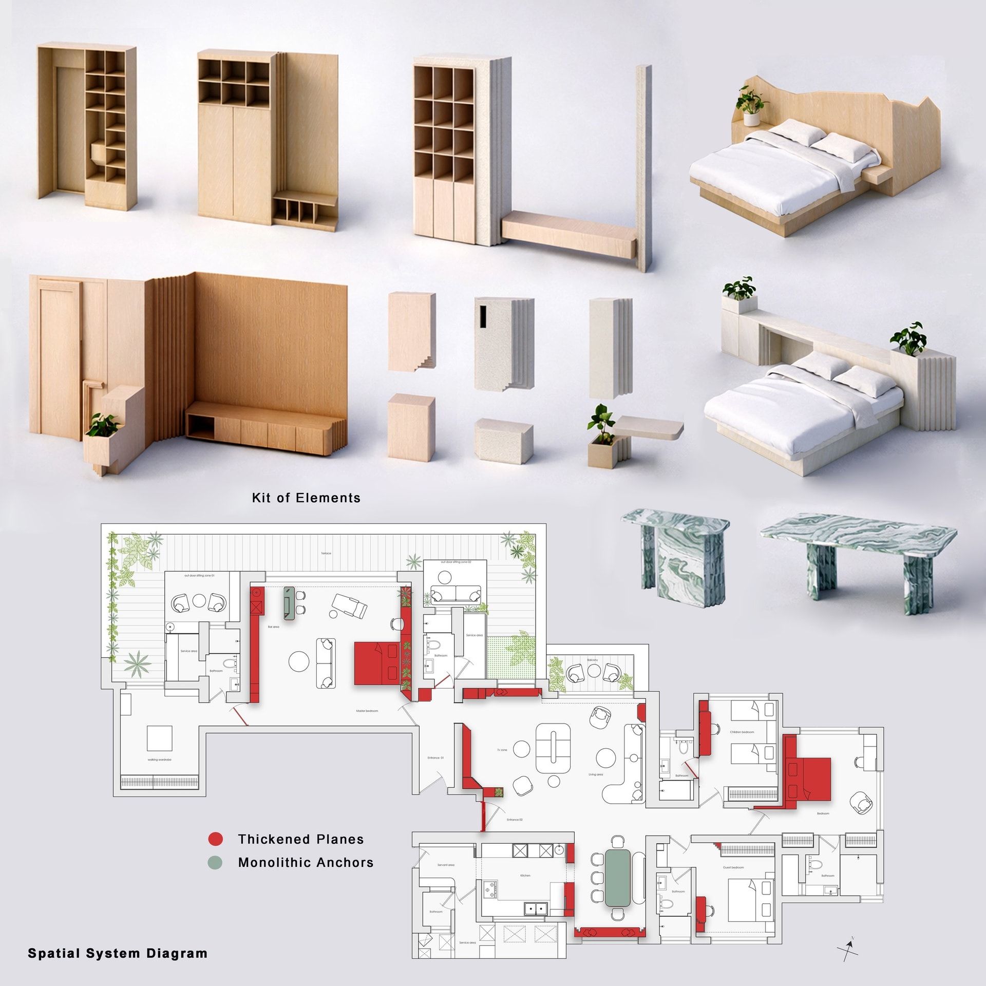 The studios' concept diagram makes the apartment's intellectual armature explicit, a kit of elements with thickened planes in red and monolithic stone anchors in green
