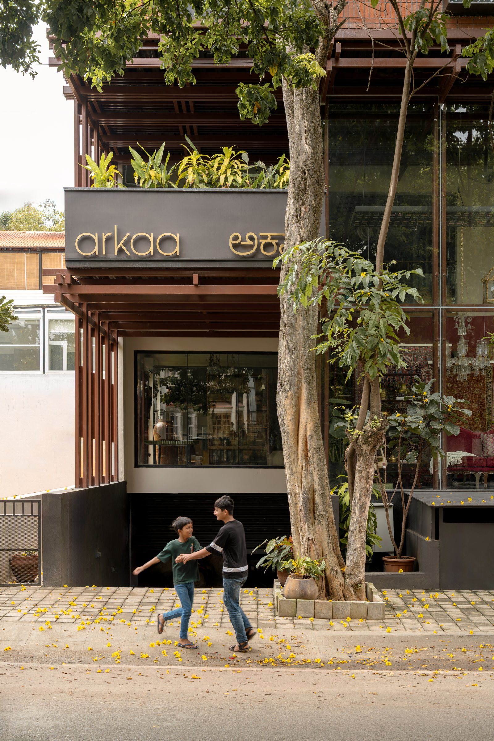 The slatted wooden canopy and joinery-inspired steel columns negotiate the building's scale at street level