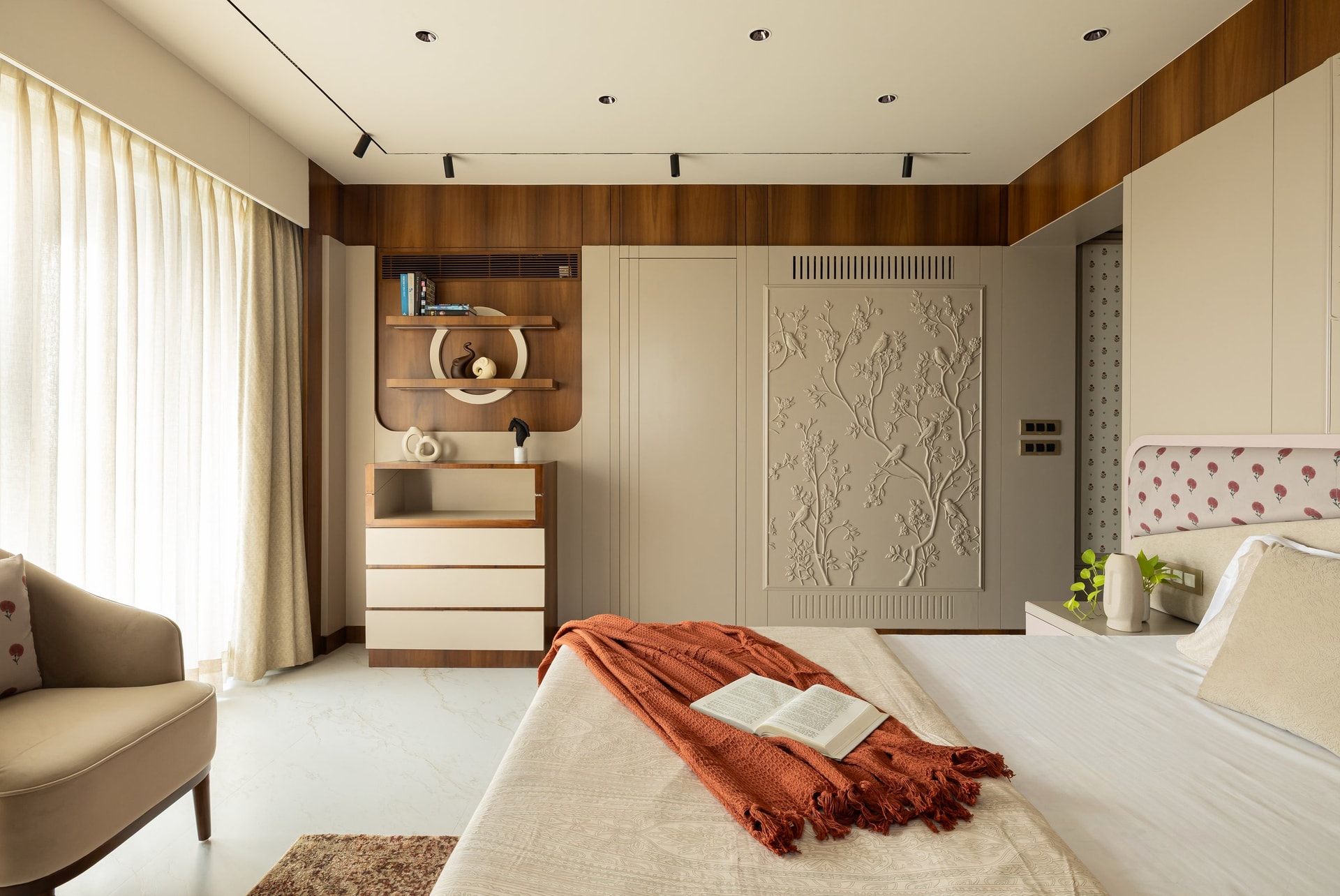 From the foot of the bed, the room's compositional discipline becomes more fully apparent